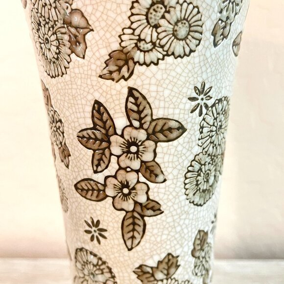 Vase Flowers Embossed Cream Brown Target 12" Ceramic - Picture 7 of 9
